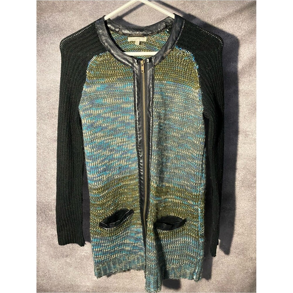 Mystree Zip Up Knit Cardigan Sweater Women's Small Marled Space Dye Faux Leather